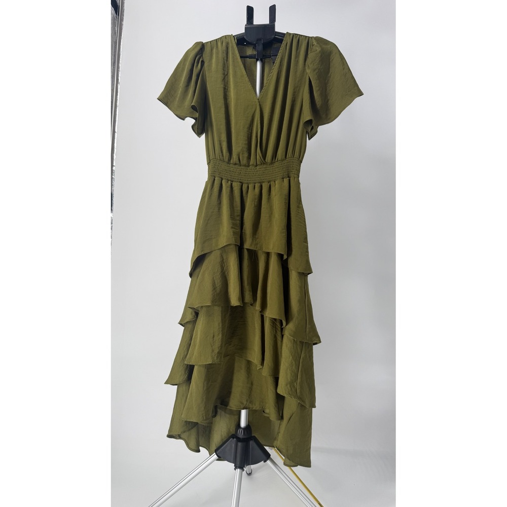 Vince Camuto‎ Smocked Waist Tiered Dress Olive Green Ruffled Midi V Neck XS